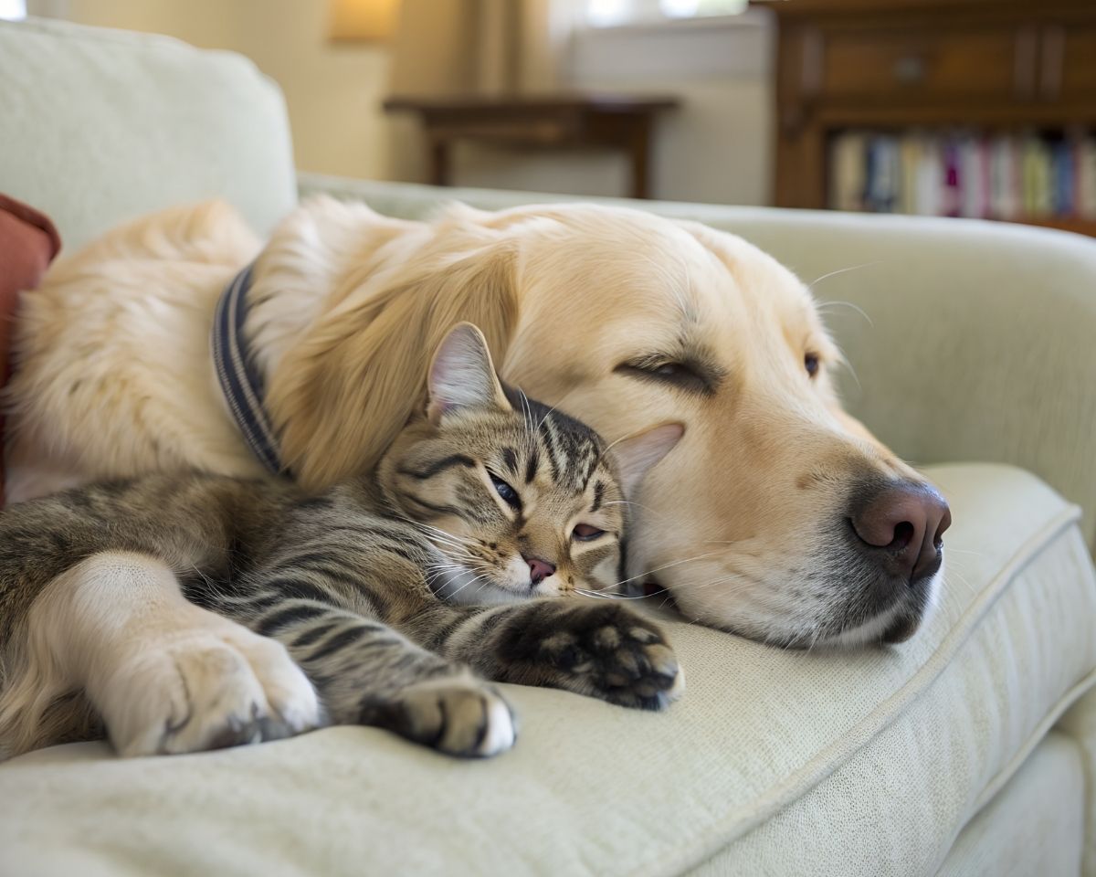 A golden retriever and a tabby cat are cuddled together asleep on a couch